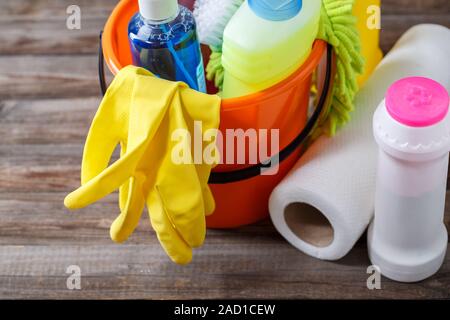 Bucket Toilet Cleaning Supplies Floor Indoors Space Text Stock