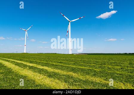 Windwheels in a mowed field of hay, seen in rural Germany Stock Photo