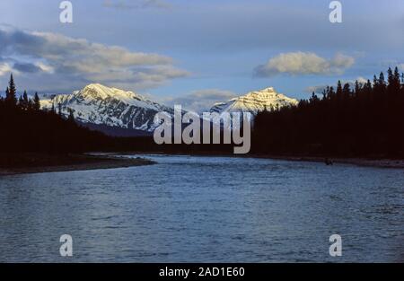 Athabasca River with Mount Hardisty and Mount Kerkeslin / Jasper National Park Stock Photo