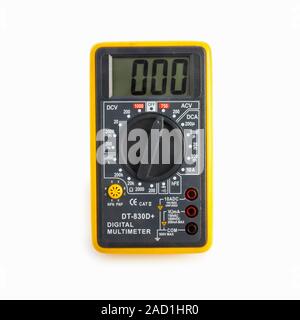 Digital multimeter. This is a handheld device that can be used to measure resistance, voltage or current in electrical systems. Stock Photo