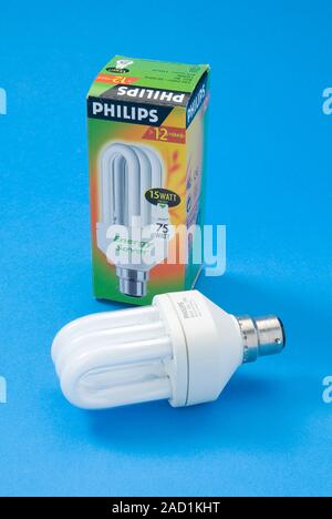 Energy-saving bulb. These light bulbs are a form of fluorescent lighting that produce less heat than an incandescent bulb. More of the electrical ener Stock Photo