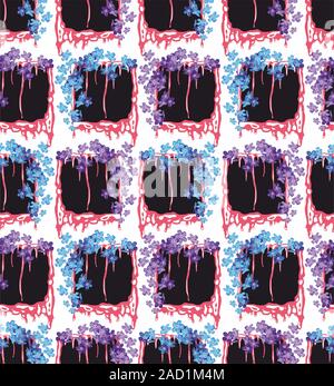 Blue and purple little flowers on black frames. Floral seamless pattern for fabric or paper print. - vector Stock Vector