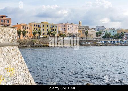 A view of Civitavecchia, also known as 'Port of Rome', showing the Pirgo beach and the coastal street Thaon De Revel with its residential buildings, C Stock Photo