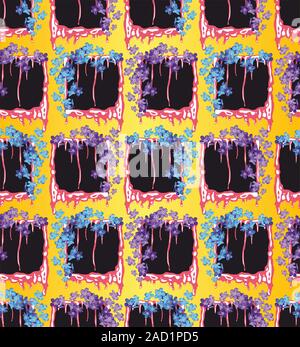 Blue and purple little flowers on black frames. Floral seamless pattern for fabric or paper print. - vector Stock Vector