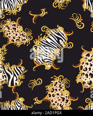 Seamless Wild Safari Skin Pattern.Gold Baroque Ornament.Golden ornaments on black background. - Vector Stock Vector