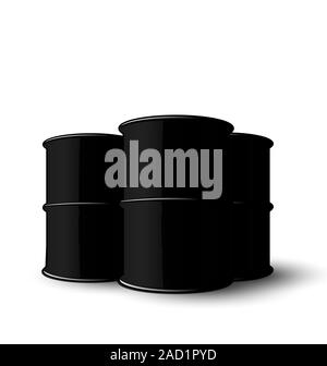 Three Black Metal of Oil Barrels Isolated on White Background Stock Photo