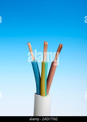 Electrical cable. A section of three-core electrical cable as used in domestic appliances. The three copper wires inside the cable are coated with pla Stock Photo