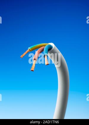 Electrical cable. A section of three-core electrical cable as used in domestic appliances. The three copper wires inside the cable are coated with pla Stock Photo