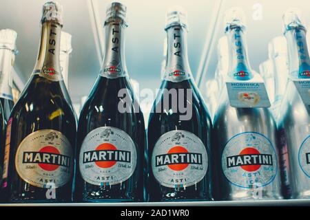 Tyumen, Russia-avg 25, 2019: Products of hypermarket sale Martini beverages in the store metro cash and carry. Martini alcohol sale in store Stock Photo