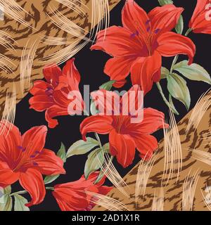 Lilium floral pattern on black background.Leopard skin texture. - vector Stock Vector