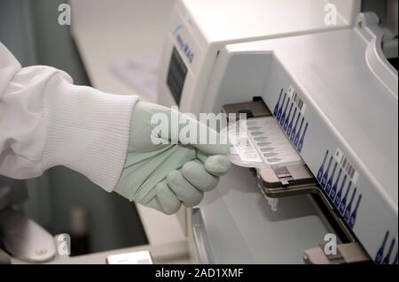 Genetic analysis. Close-up of a scientist preparing a genetic analysis of a sample. The machine is an automated system for total nucleic acid extracti Stock Photo