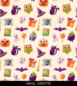 Halloween Seamless Pattern with Colorful Flat Icons Stock Photo
