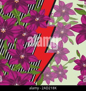 Seamless flowers pattern with geometric background. - vector Stock Vector