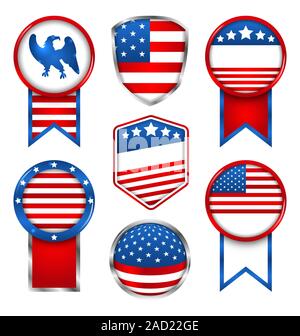 Illustration Set of Various Graphics and Labels, Emblems in Traditional American Colors Stock Photo