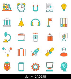 Set Flat Line Icons of School Equipment and Tools Stock Photo