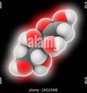 Fructose. Molecular model of the fruit sugar fructose (C6.H12.O6), formally known as D-fructopyranose. This sugar is found in many plants. Atoms are r Stock Photo