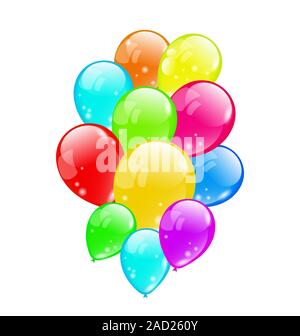 Colorful balloons bunch on a green wall background. Horizontal banner ...