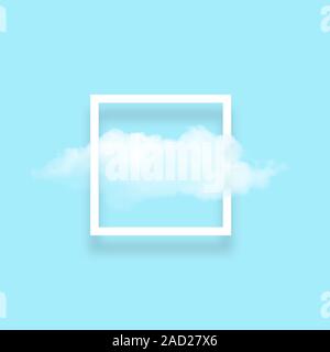 White cloud in snapshot frame illustration. Rectangular border with cotton candy isolated on baby blue color background. Creative artistic composition Stock Photo