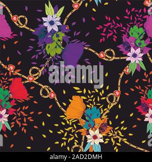 Cute colorful flowers with ornamental hearts and golden chains on black background. - vector Stock Vector
