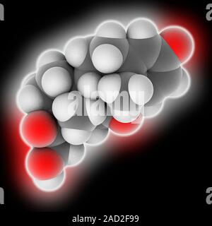 Prednisone. Molecular model of the glutocorticoid drug prednisone (C21.H26.O5), used to treat many different diseases from allergies to cancer. Atoms Stock Photo