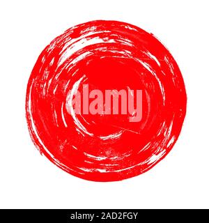 Red ink brushstroke circle illustration. Stylized Japanese flag, sun on white background. Paint sample, swatch. Round shape with dry paint texture. Watercolor spot, dot isolated design element Stock Photo