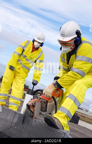 Circular saw operators wearing protective clothing, masks, hard hats and ear protectors. Photographed as part of work carried out by the UK's Health a Stock Photo