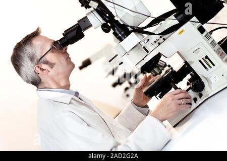 Light microscopy. Researcher using a light microscope to examine samples. The samples are placed on a glass slide on the mount (lower right). This mic Stock Photo