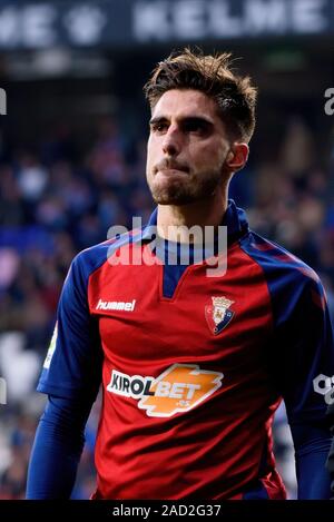 BARCELONA - DEC 1: Nacho Vidal plays at the La Liga match between RCD Espanyol and CA Osasuna at the RCDE Stadium on December 1, 2019 in Barcelona, Sp Stock Photo