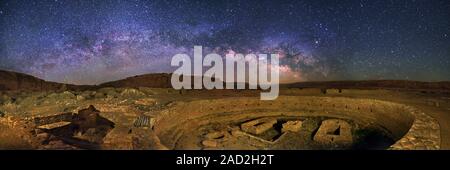 This image may not be used on retail merchandise in the U.S.A. Milky Way over Chaco Canyon ruins. Panoramic view of the Milky Way in the night sky ove Stock Photo
