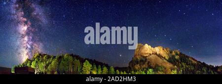 This image may not be used on retail merchandise in the U.S.A. Milky Way over Mount Rushmore. Panoramic view of the Milky Way in the night sky over Mo Stock Photo