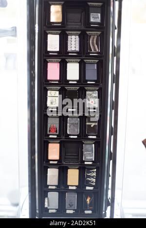 Zaporozhye, Ukraine. October 2019. A variety of lighters, zippo, piezo lighters, on the counter in the store. The general plan lighters with prints, g Stock Photo