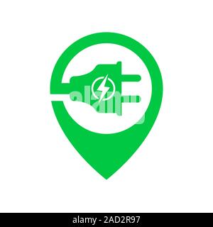 Logo for Electric car chargering station with plug icon inside location point symbol. Green charging point logotype. Vector illustration. EPS 10 Stock Vector