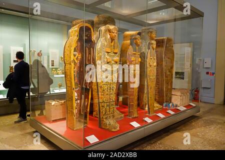 Egyptian mummies on display in The British Museum, Great Russell St, Bloomsbury, London, England, UK Stock Photo