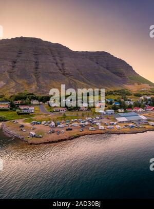 Campgrounds, Bildudalur, Arnarfjordur fjord, Westfjords, Iceland Stock Photo