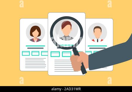 Searching profiles concept with different accounts and magnifying glass.  Stock Vector