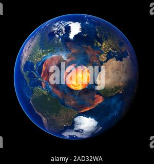 Earth globe and inner cores. Earth hemisphere global map, centred on the northern Atlantic Ocean, with the Earth's inner and outer cores (orange) made Stock Photo