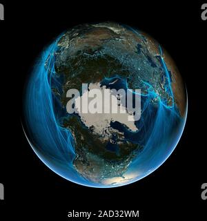 The Arctic and the anthroposphere. Earth hemisphere map, centred on the North Pole, with North America at bottom and Eurasia across top. The map shows Stock Photo