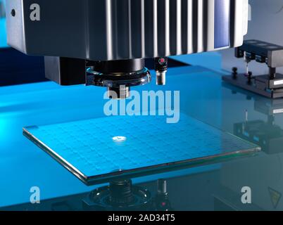 Co-ordinate measuring machine testing. Close-up of the probe head of a coordinate measurement machine (CMM), a system capable of accurate 3D measureme Stock Photo