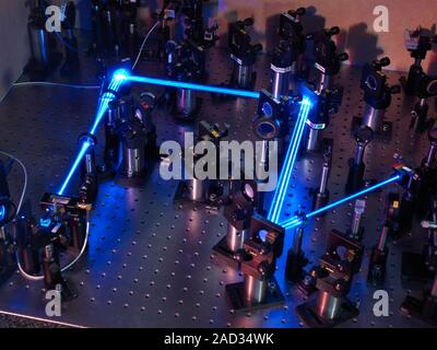 Ytterbium optical clock laser. This laser beam is use in a frequency standard consisting of an ion trap where ytterbium ions oscillate between two ene Stock Photo