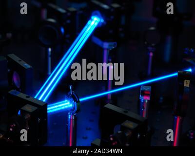 Ytterbium optical clock laser. This laser beam is use in a frequency standard consisting of an ion trap where ytterbium ions oscillate between two ene Stock Photo