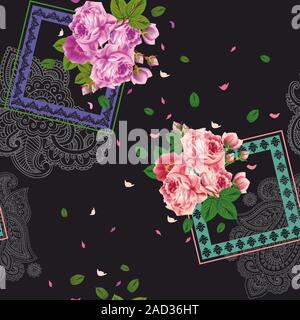Colorful flowers pattern with white paisley on black background. Traditional, ethnic, oriental shapes. Geometric frames. Leaves. - vector Stock Vector