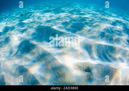 Wave patterns on sandy sea bed. Close-up of patterns formed in sand by the action of waves in shallow water. Stock Photo