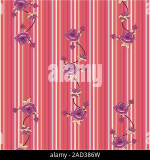 Vector purple roses on colorful stripes background. Floral seamless pattern. Textil digital print. Fabric design. - Vector Stock Vector