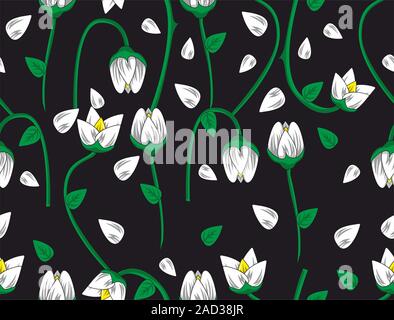 Seamless white flowers on black background. Leaves print for fabric. - vector Stock Vector