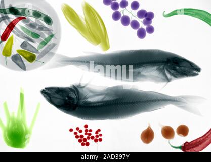 Not for print or poster uses Haddock (Melanogrammus aeglefinus) and vegetables, coloured X-ray. Stock Photo