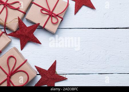 Boxes with gifts, red stars Stock Photo