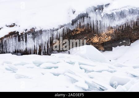 Icicles on a rock, Lake Tornetraesk, Lapland, Sweden Stock Photo