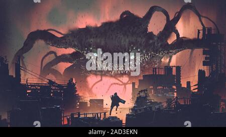 sci-fi concept showing a man standing at the futuristic portal, digital ...