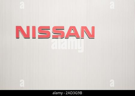 Nissan logo at the Nissan Motor Co., Ltd. Global Headquarters in Kanagawa. Stock Photo