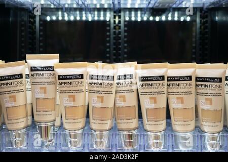 Tyumen, Russia-August 27, 2019: Maybelline new York Foundation on the shelves. Cosmetic company Stock Photo